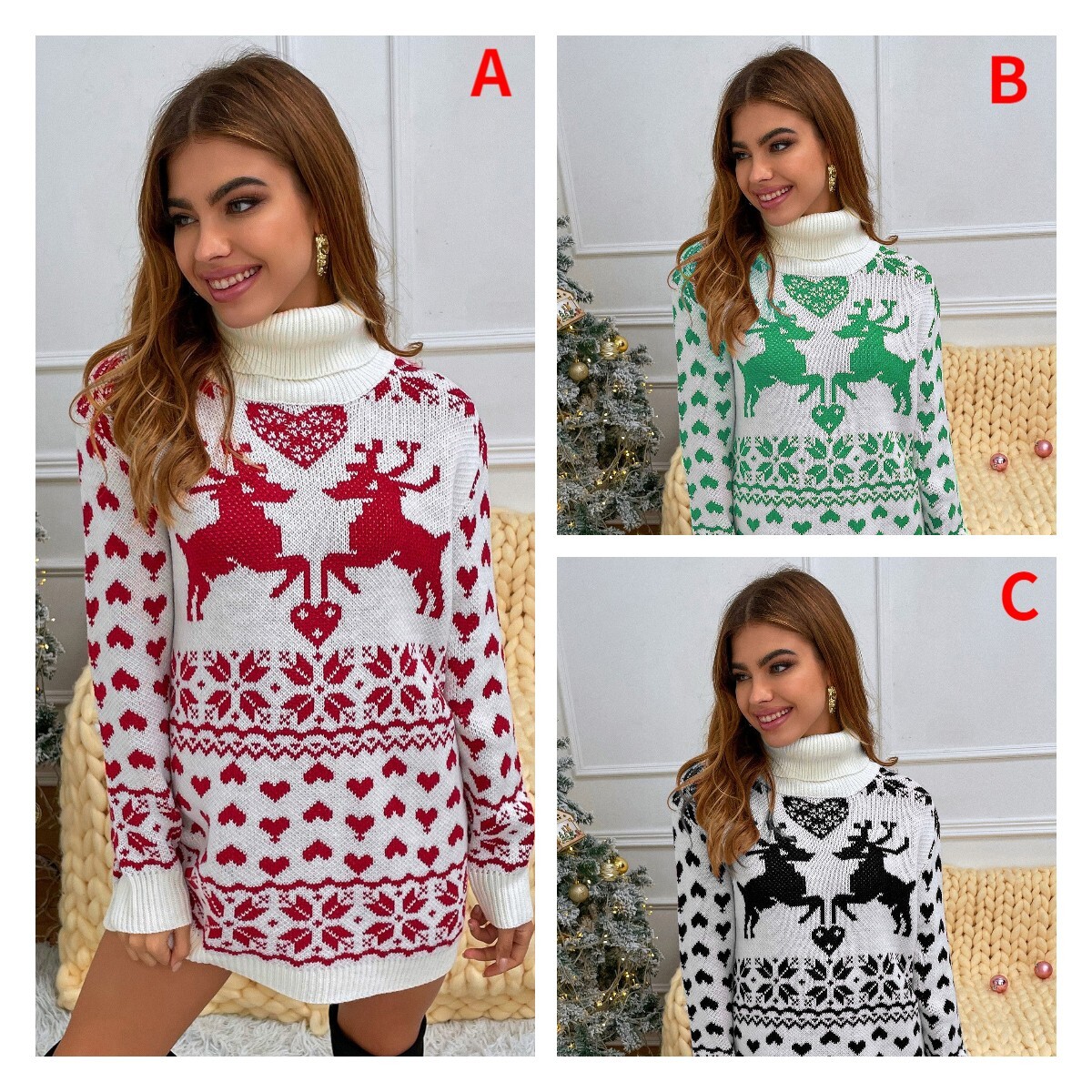 Autumn and Winter High Collar Deer Love Wool Dress Women's Sweater F01F591