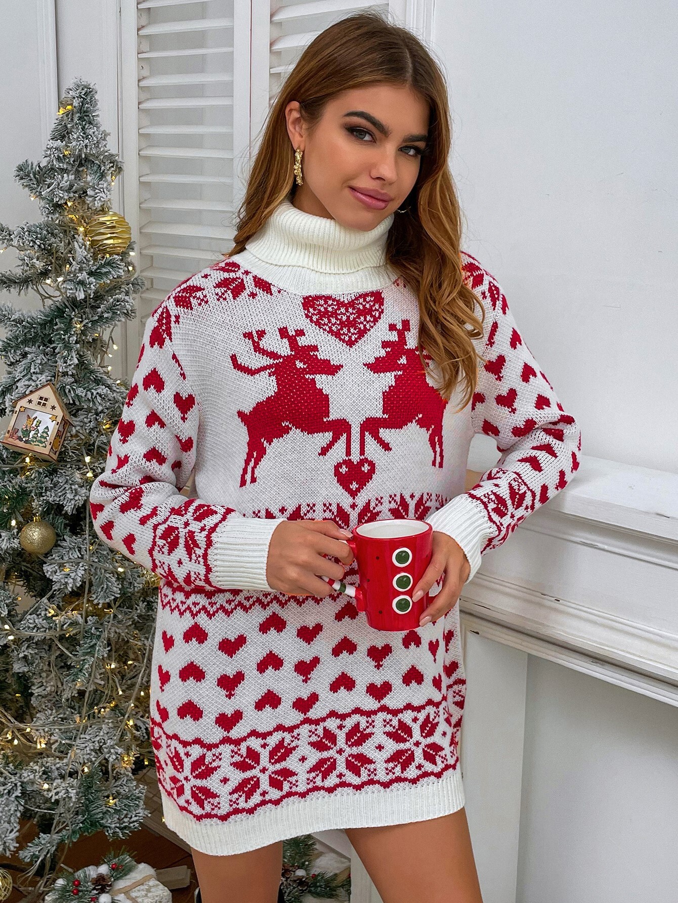 Autumn and Winter High Collar Deer Love Wool Dress Women's Sweater F01F591