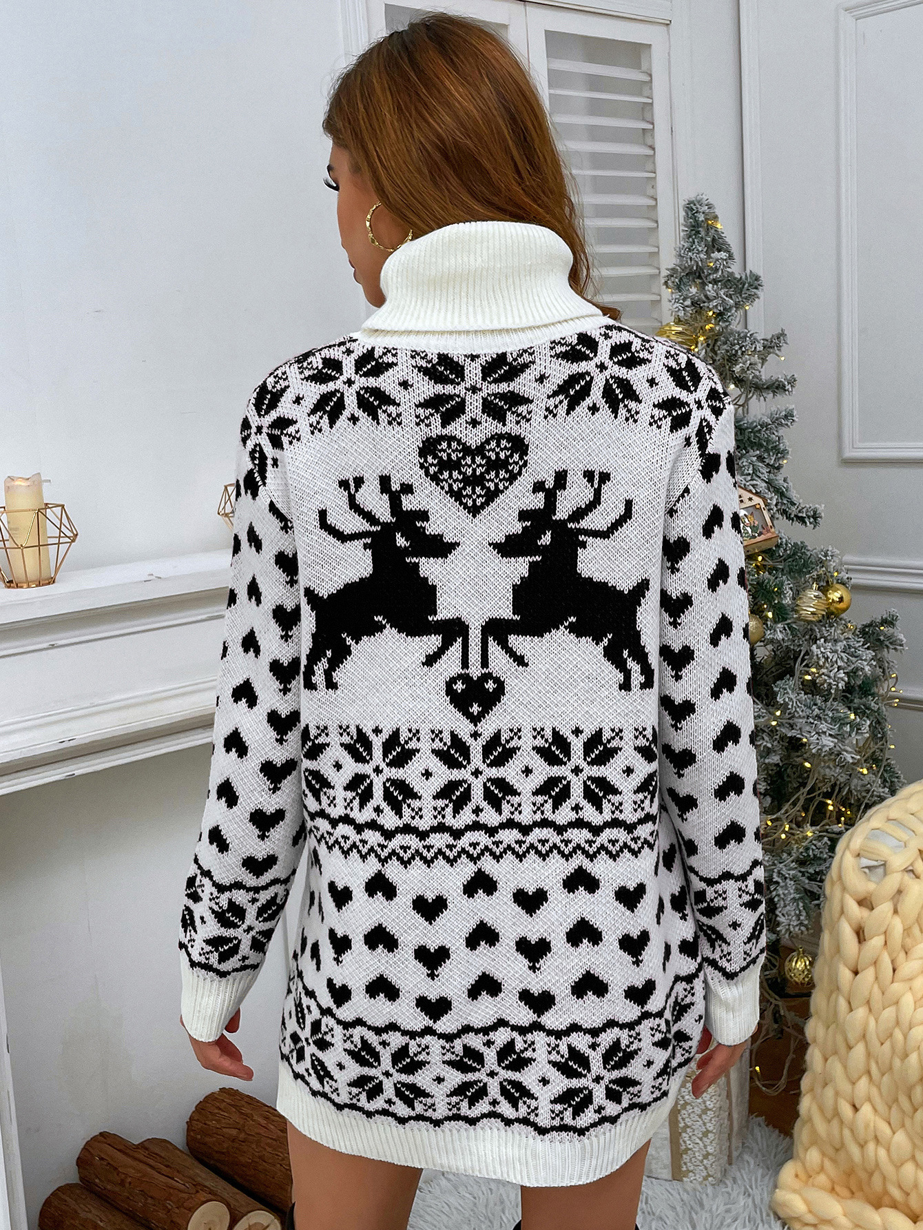 Autumn and Winter High Collar Deer Love Wool Dress Women's Sweater F01F591