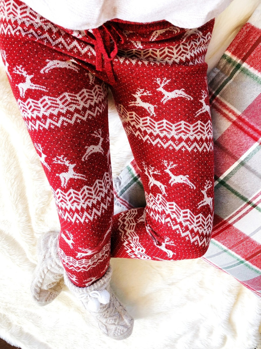 2021 Winter New Christmas Deer Print Velvet Women's Pants D01507