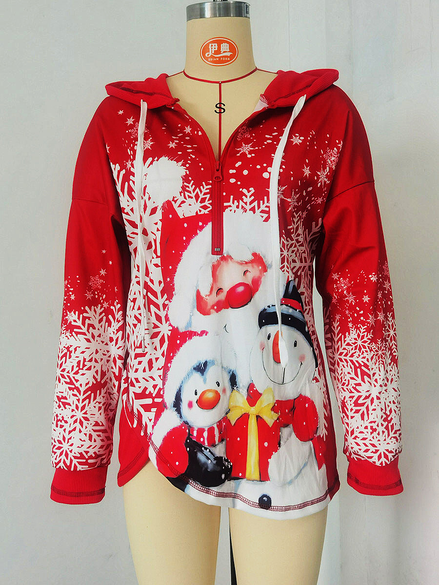 2021 Christmas Printed Long Sleeve Zipper Hooded Women's Coat C03673