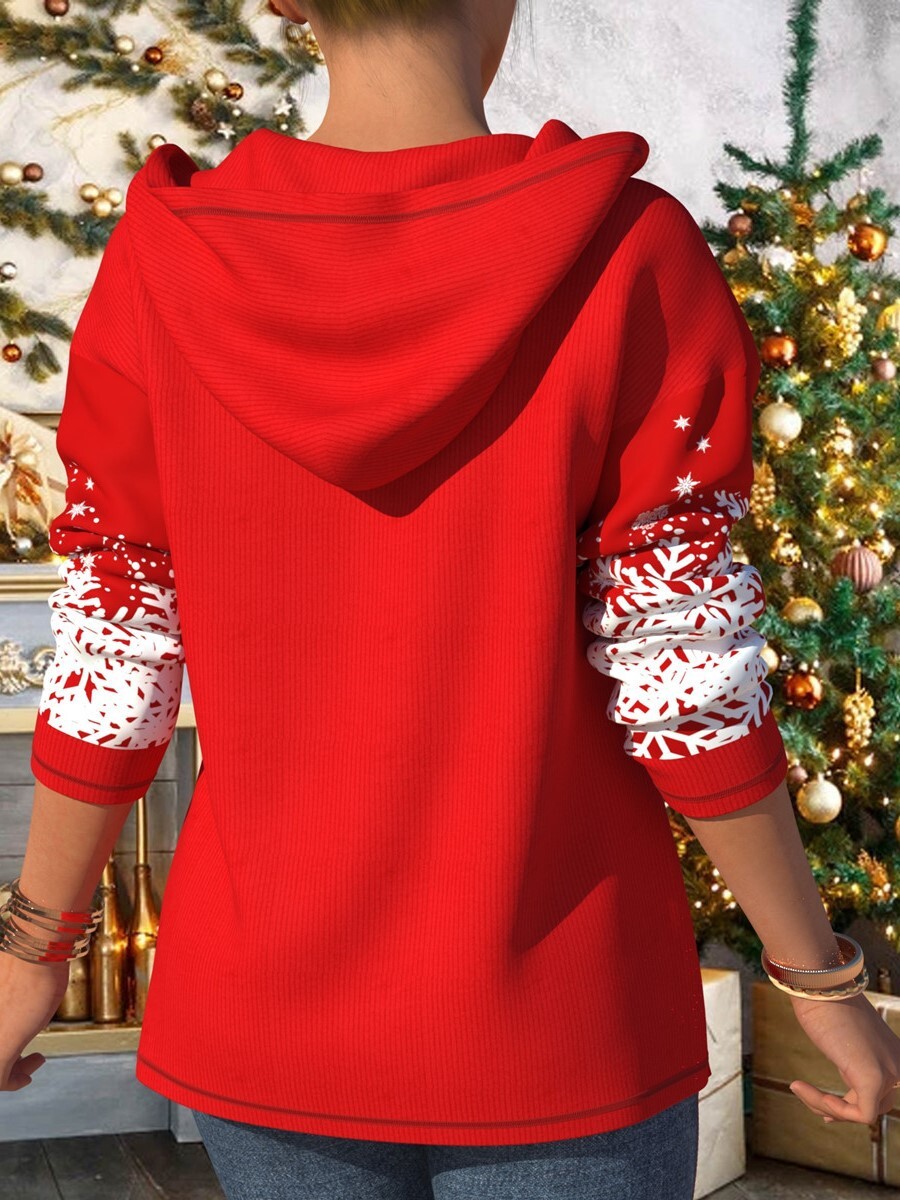 2021 Christmas Printed Long Sleeve Zipper Hooded Women's Coat C03673