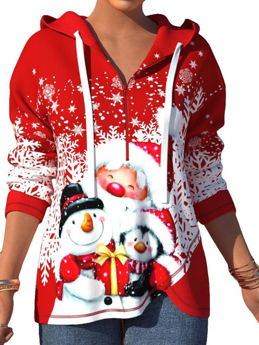 2021 Christmas Printed Long Sleeve Zipper Hooded Women's Coat C03673
