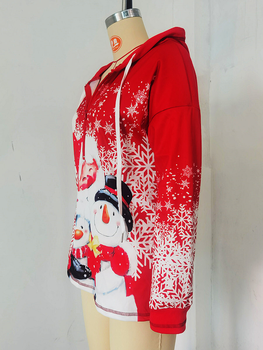 2021 Christmas Printed Long Sleeve Zipper Hooded Women's Coat C03673