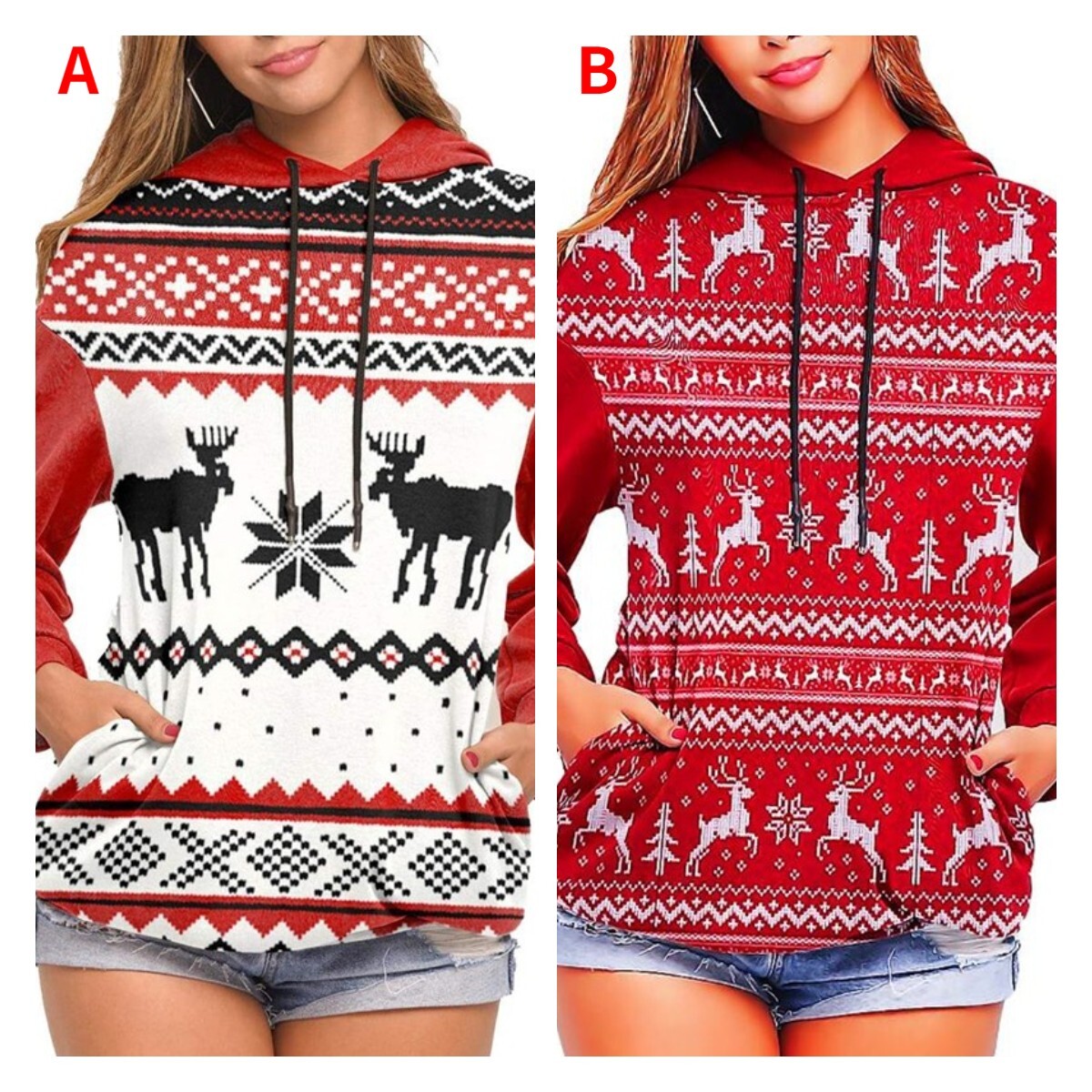 2021 Christmas Deer Print Long Sleeve Hoodie Sweater C03674
