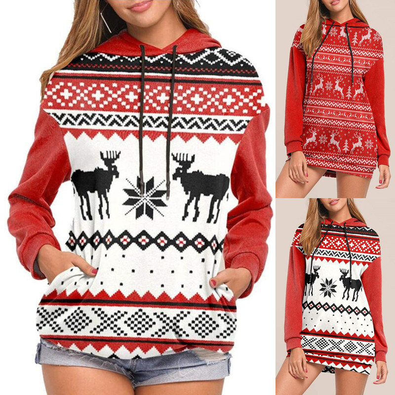 2021 Christmas Deer Print Long Sleeve Hoodie Sweater C03674