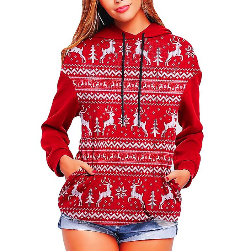 2021 Christmas Deer Print Long Sleeve Hoodie Sweater C03674