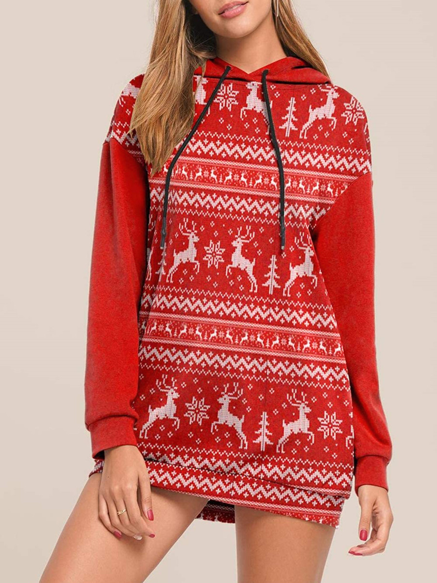 2021 Christmas Deer Print Long Sleeve Hoodie Sweater C03674