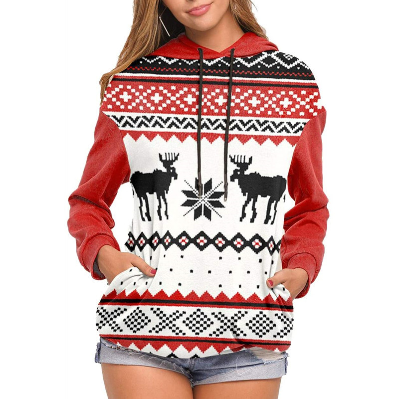 2021 Christmas Deer Print Long Sleeve Hoodie Sweater C03674
