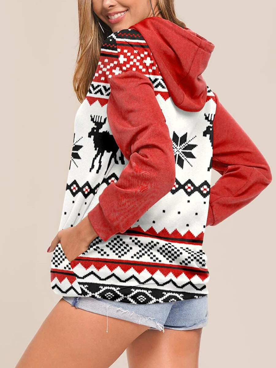 2021 Christmas Deer Print Long Sleeve Hoodie Sweater C03674