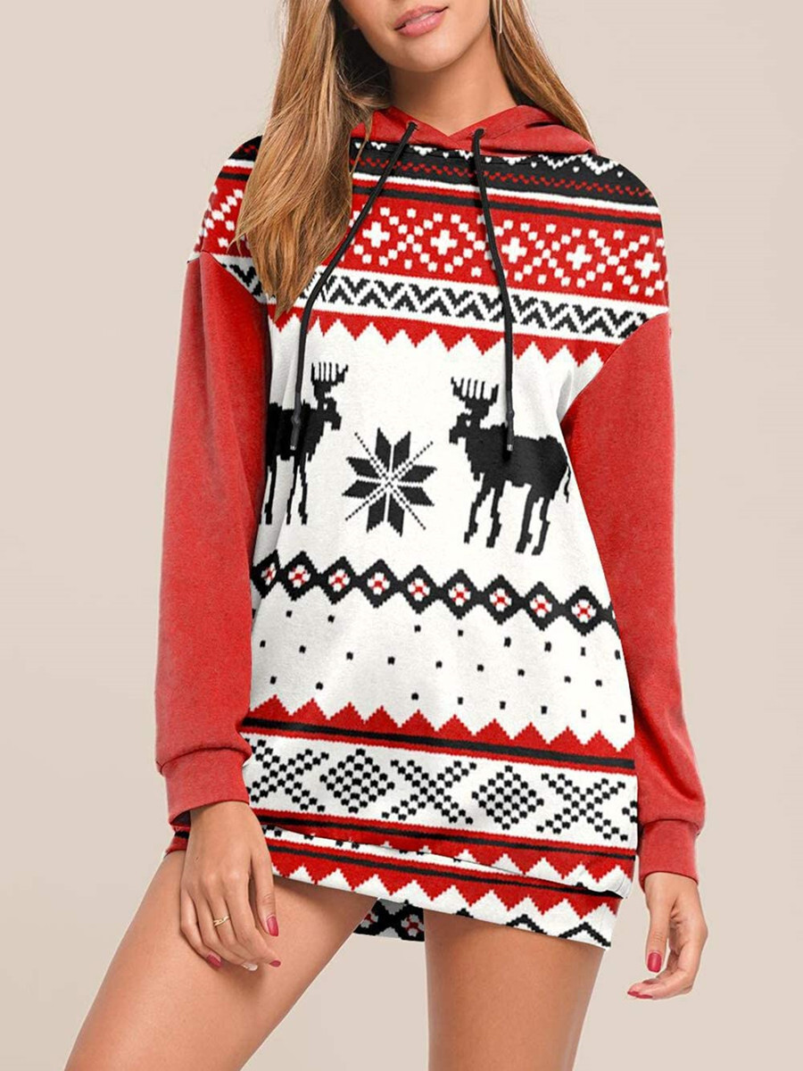 2021 Christmas Deer Print Long Sleeve Hoodie Sweater C03674