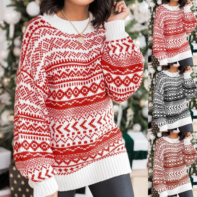 2021 Christmas Casual Loose Round Neck Wool Sweater Dress C03676
