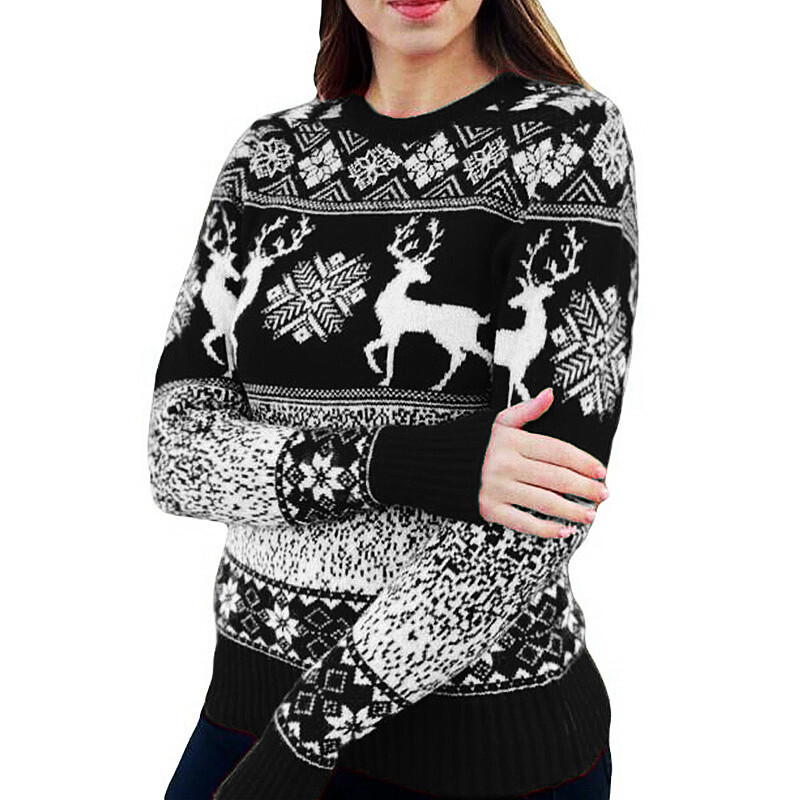 2021 Christmas Wool Woven Round Neck Deer Long Sleeve Sweater C03677