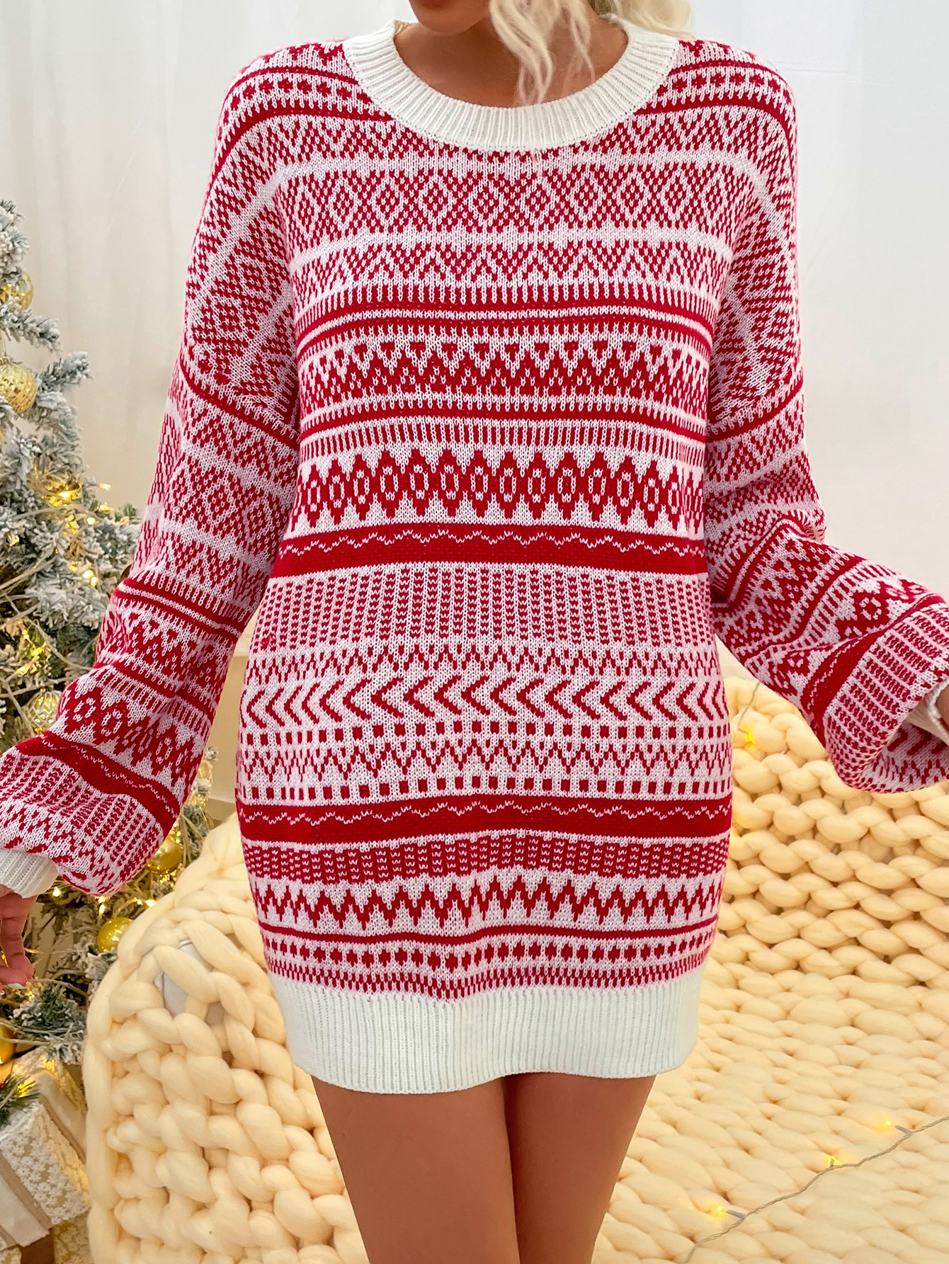 2021 Christmas Casual Loose Round Neck Wool Sweater Dress F01F592