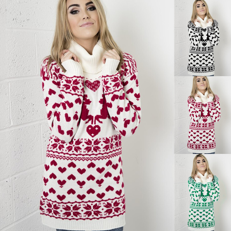 High Collar Deer Love Wool Sweater Dress Women's Wear F01F593