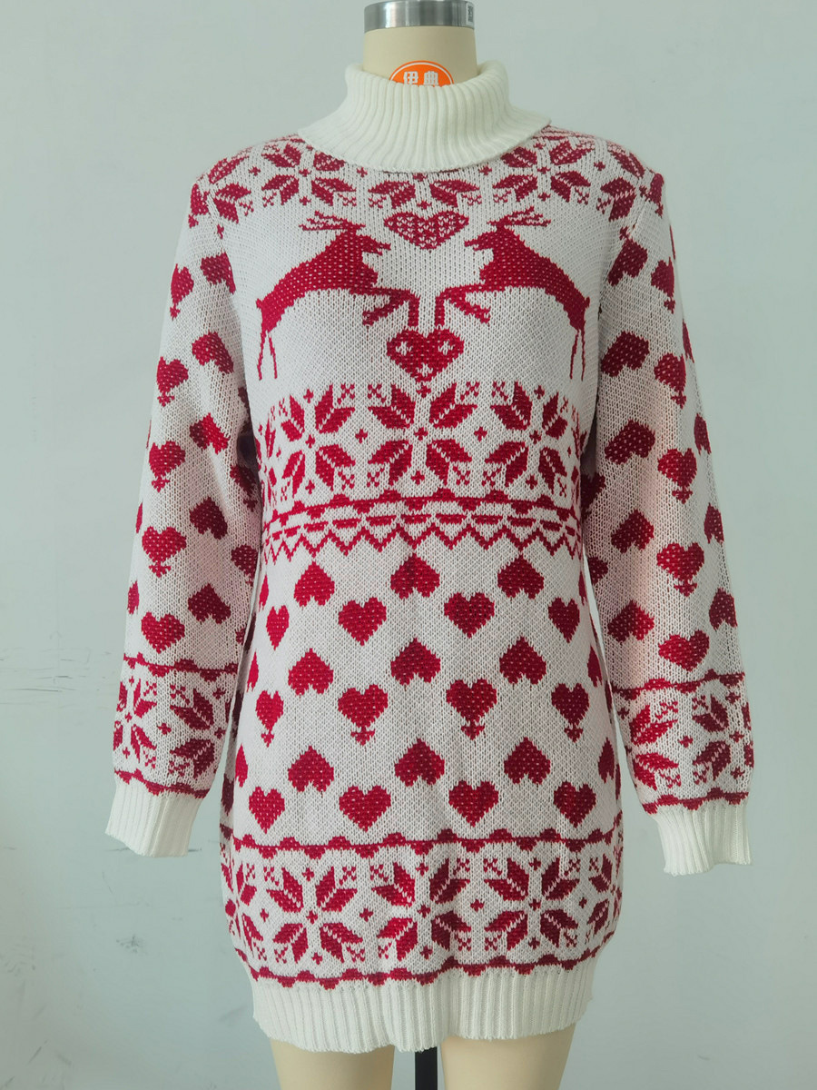High Collar Deer Love Wool Sweater Dress Women's Wear F01F593