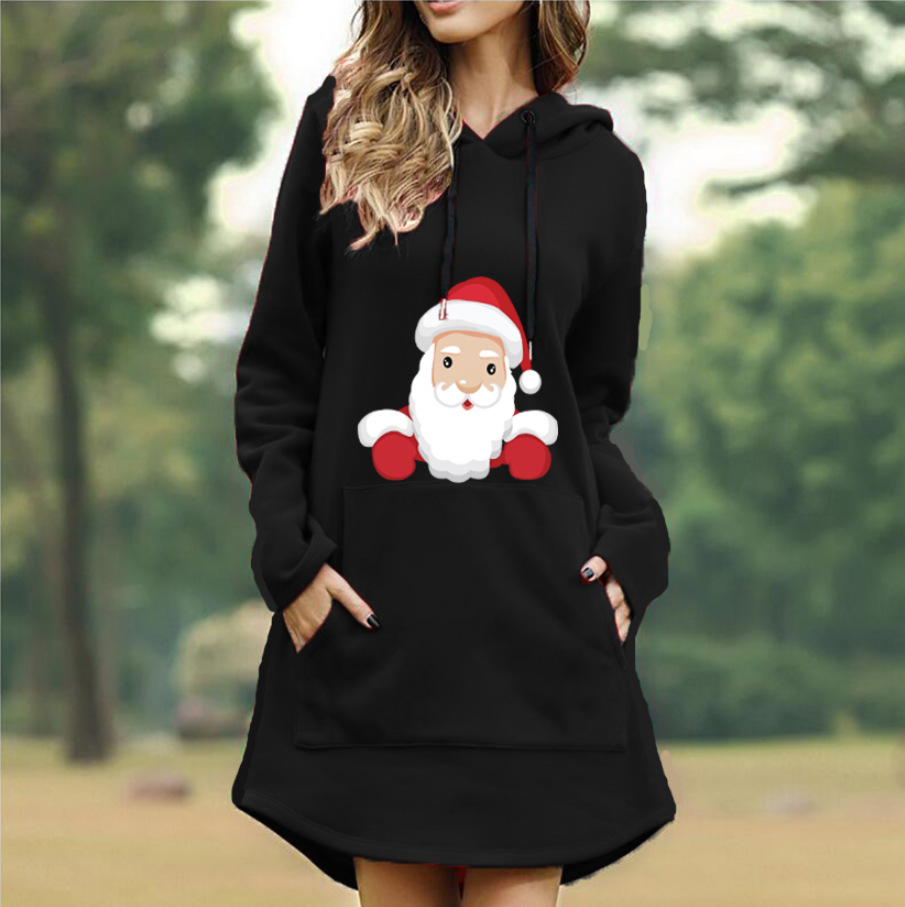 2021 Autumn Winter Christmas Printed Long Sleeve Women's Hooded Dress F01F595