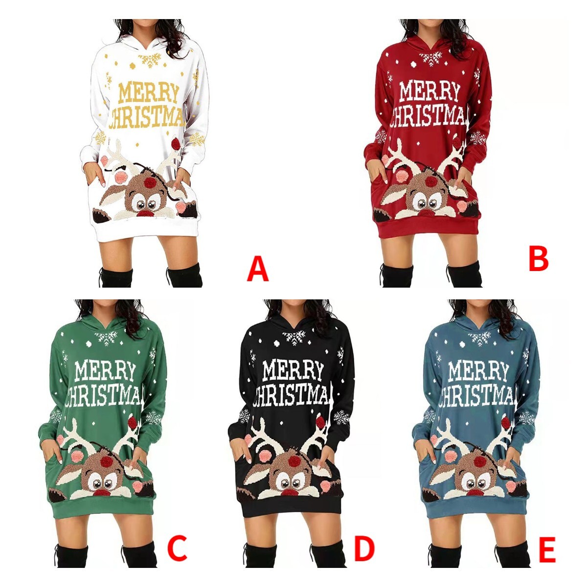 2021 New Women's Casual Christmas Print Long Sleeve Pocket Hooded Sweater Loose Dress F01F596