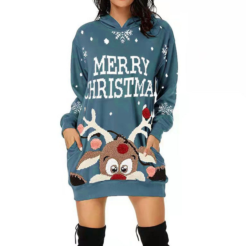 2021 New Women's Casual Christmas Print Long Sleeve Pocket Hooded Sweater Loose Dress F01F596