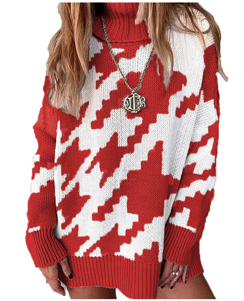 2021 New Stitching Contrast Lapel Medium Length Sweater C03581