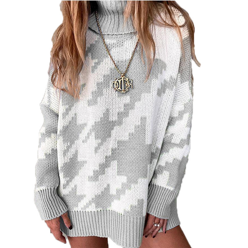 2021 New Stitching Contrast Lapel Medium Length Sweater C03581