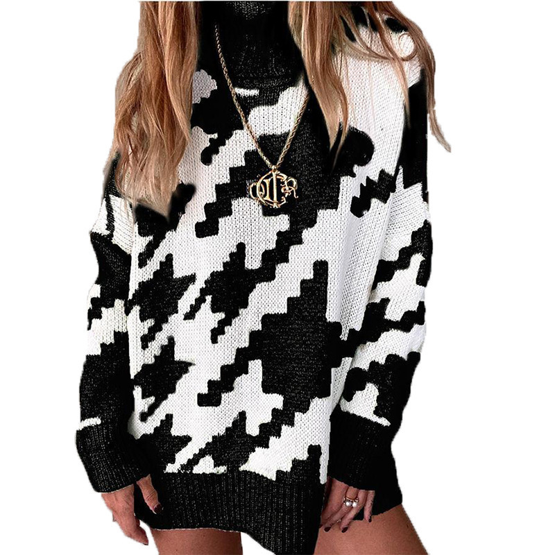 2021 New Stitching Contrast Lapel Medium Length Sweater C03581