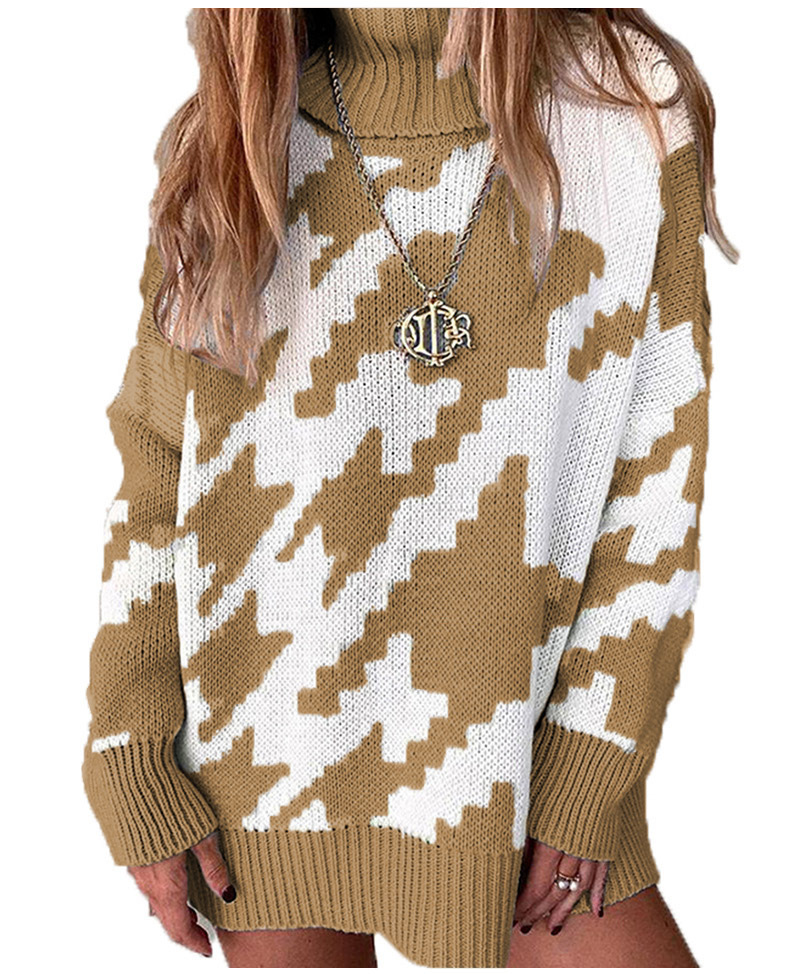 2021 New Stitching Contrast Lapel Medium Length Sweater C03581