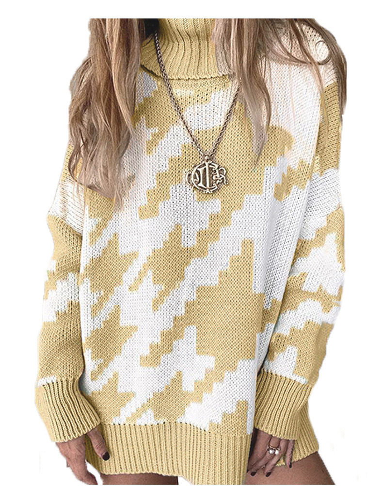 2021 New Stitching Contrast Lapel Medium Length Sweater C03581