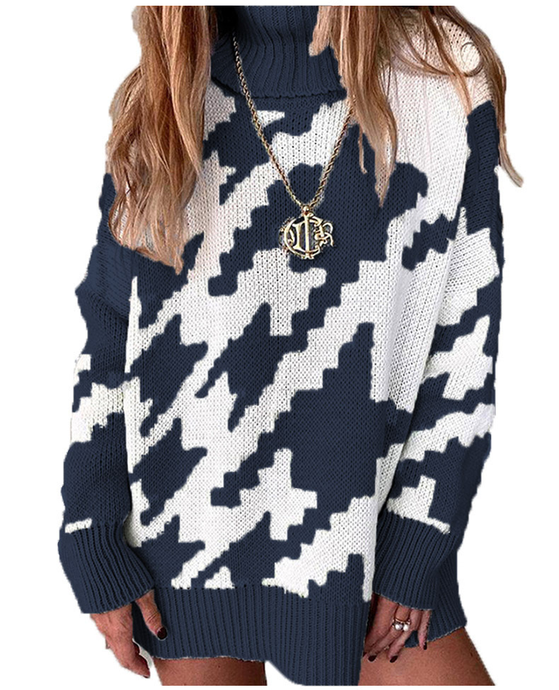 2021 New Stitching Contrast Lapel Medium Length Sweater C03581