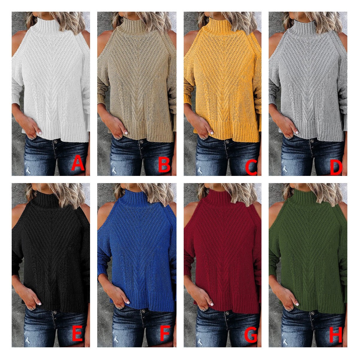 2021 Autumn Winter New Off Shoulder Sweater Solid Color Long Sleeve High Neck Sweater C03580