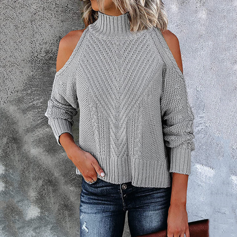 2021 Autumn Winter New Off Shoulder Sweater Solid Color Long Sleeve High Neck Sweater C03580