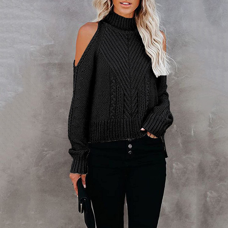 2021 Autumn Winter New Off Shoulder Sweater Solid Color Long Sleeve High Neck Sweater C03580