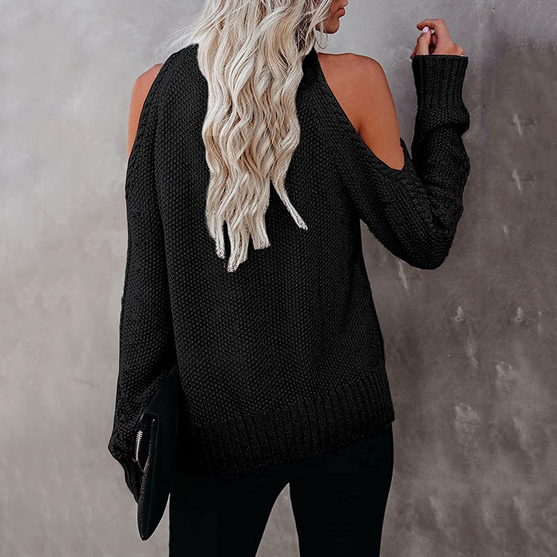 2021 Autumn Winter New Off Shoulder Sweater Solid Color Long Sleeve High Neck Sweater C03580