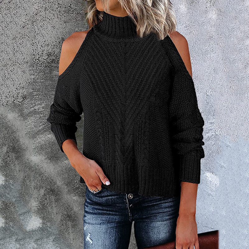 2021 Autumn Winter New Off Shoulder Sweater Solid Color Long Sleeve High Neck Sweater C03580