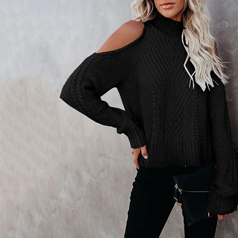 2021 Autumn Winter New Off Shoulder Sweater Solid Color Long Sleeve High Neck Sweater C03580