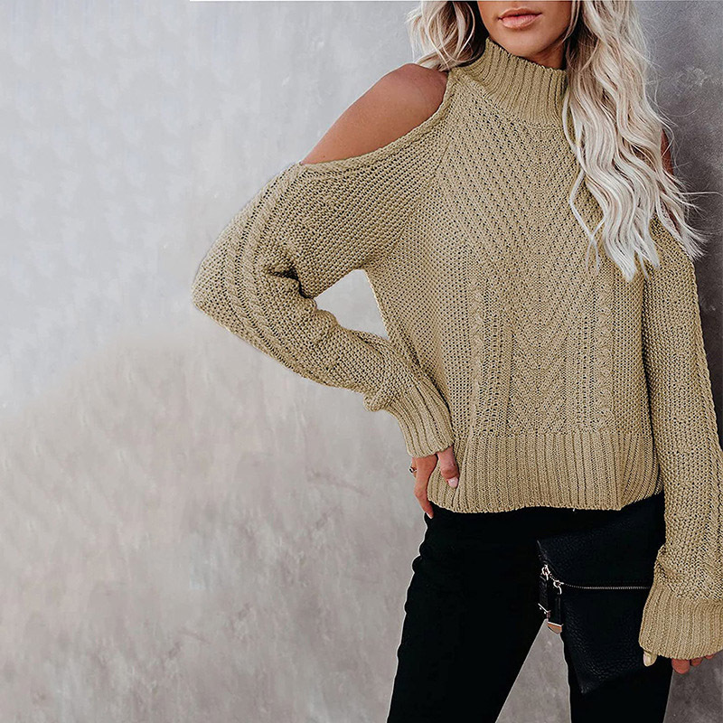 2021 Autumn Winter New Off Shoulder Sweater Solid Color Long Sleeve High Neck Sweater C03580