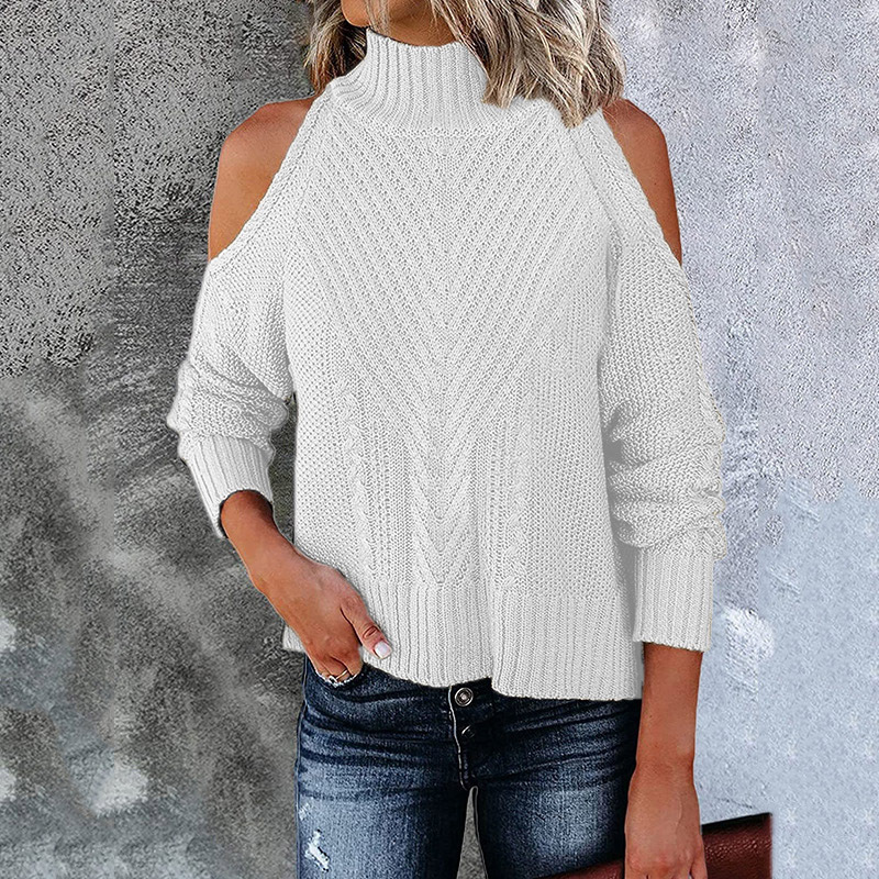 2021 Autumn Winter New Off Shoulder Sweater Solid Color Long Sleeve High Neck Sweater C03580