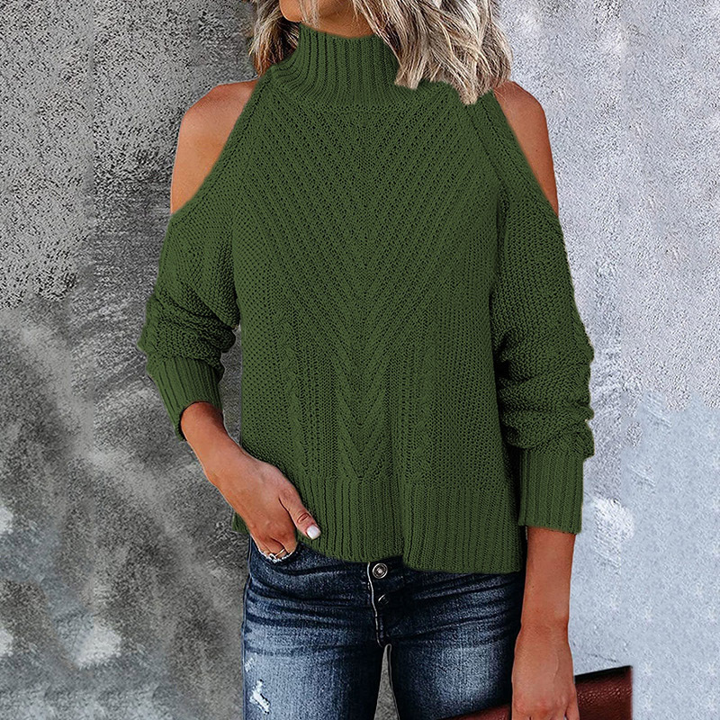2021 Autumn Winter New Off Shoulder Sweater Solid Color Long Sleeve High Neck Sweater C03580