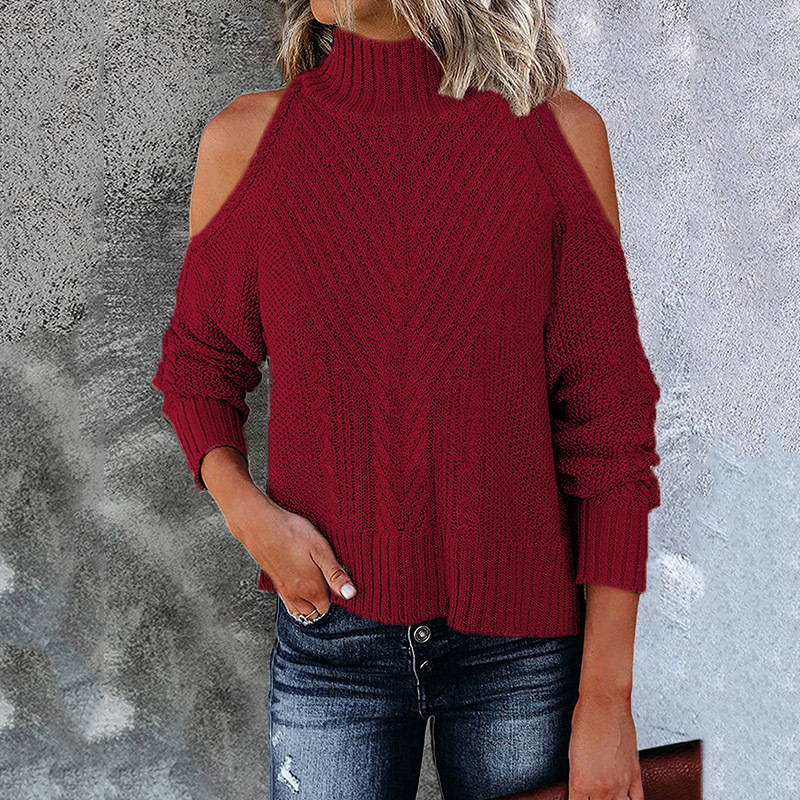 2021 Autumn Winter New Off Shoulder Sweater Solid Color Long Sleeve High Neck Sweater C03580