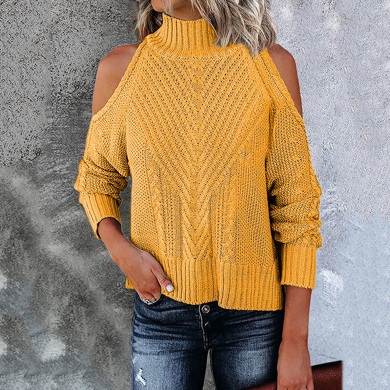 2021 Autumn Winter New Off Shoulder Sweater Solid Color Long Sleeve High Neck Sweater C03580