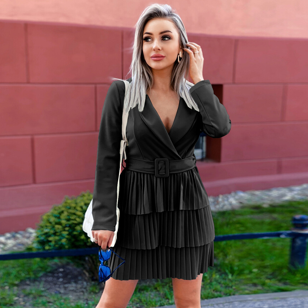 Windbreaker Women's 2021 New Autumn And Winter Pleated Medium And Long Coat Skirt V-neck Design Temperament Coat F01F623