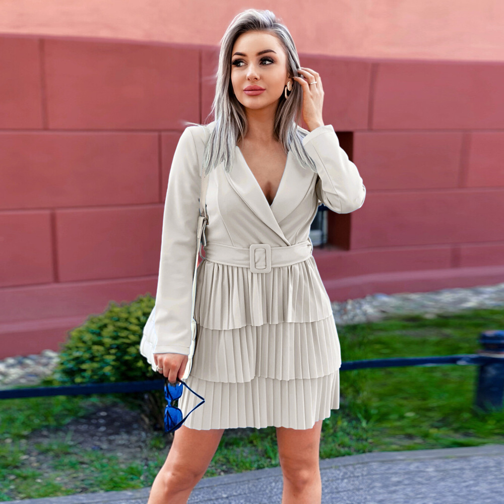 Windbreaker Women's 2021 New Autumn And Winter Pleated Medium And Long Coat Skirt V-neck Design Temperament Coat F01F623