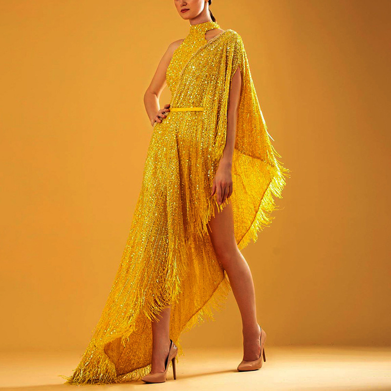 Unlimon 2021 New Women's Sexy High Neck Long Tassel Prom Dress F03F061