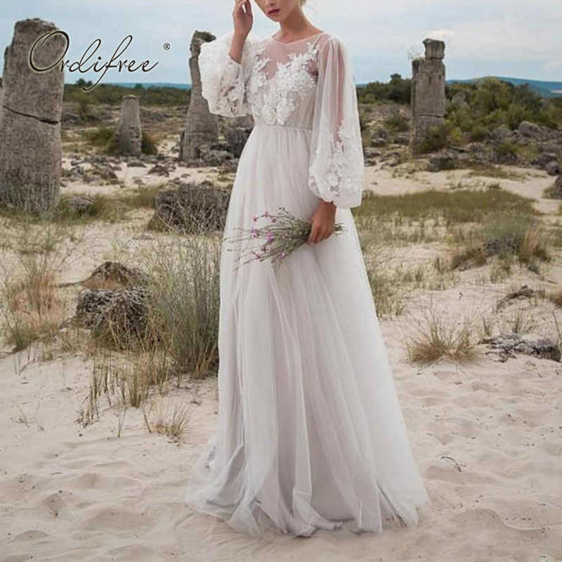 Unlimon 2021 New Round Neck Bubble Sleeve Mesh Embroidered Dress New Wedding Dress F03F001