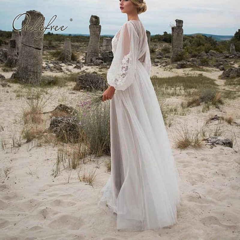 Unlimon 2021 New Round Neck Bubble Sleeve Mesh Embroidered Dress New Wedding Dress F03F001