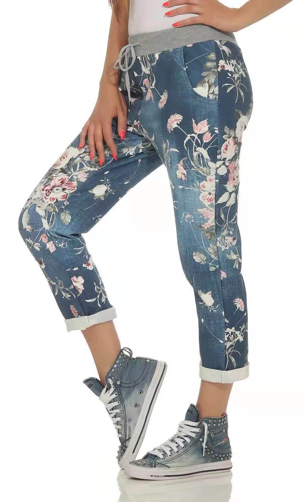 Unlimon 2021 New Hot Selling Fashion Personalized Denim Printed Elastic Casual Pants D01520