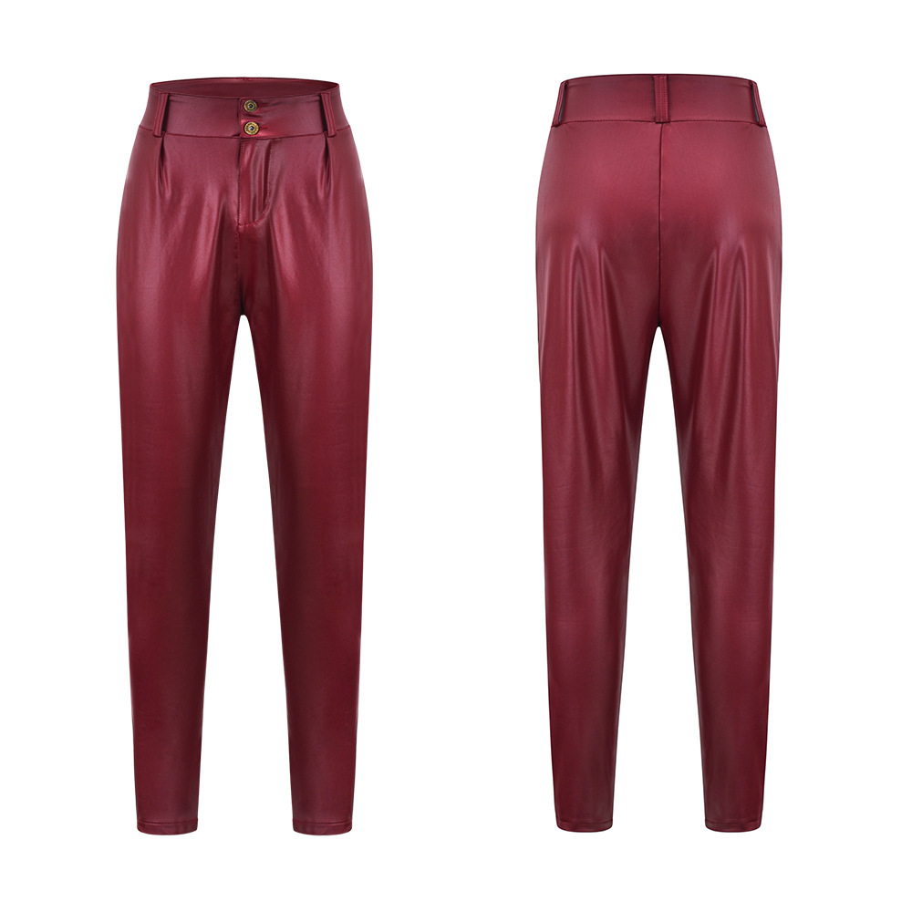 Unlimon 2021 Women's Autumn And Winter Personalized Fashion Imitation Leather Button High Waist Tights Pencil Pants D01517