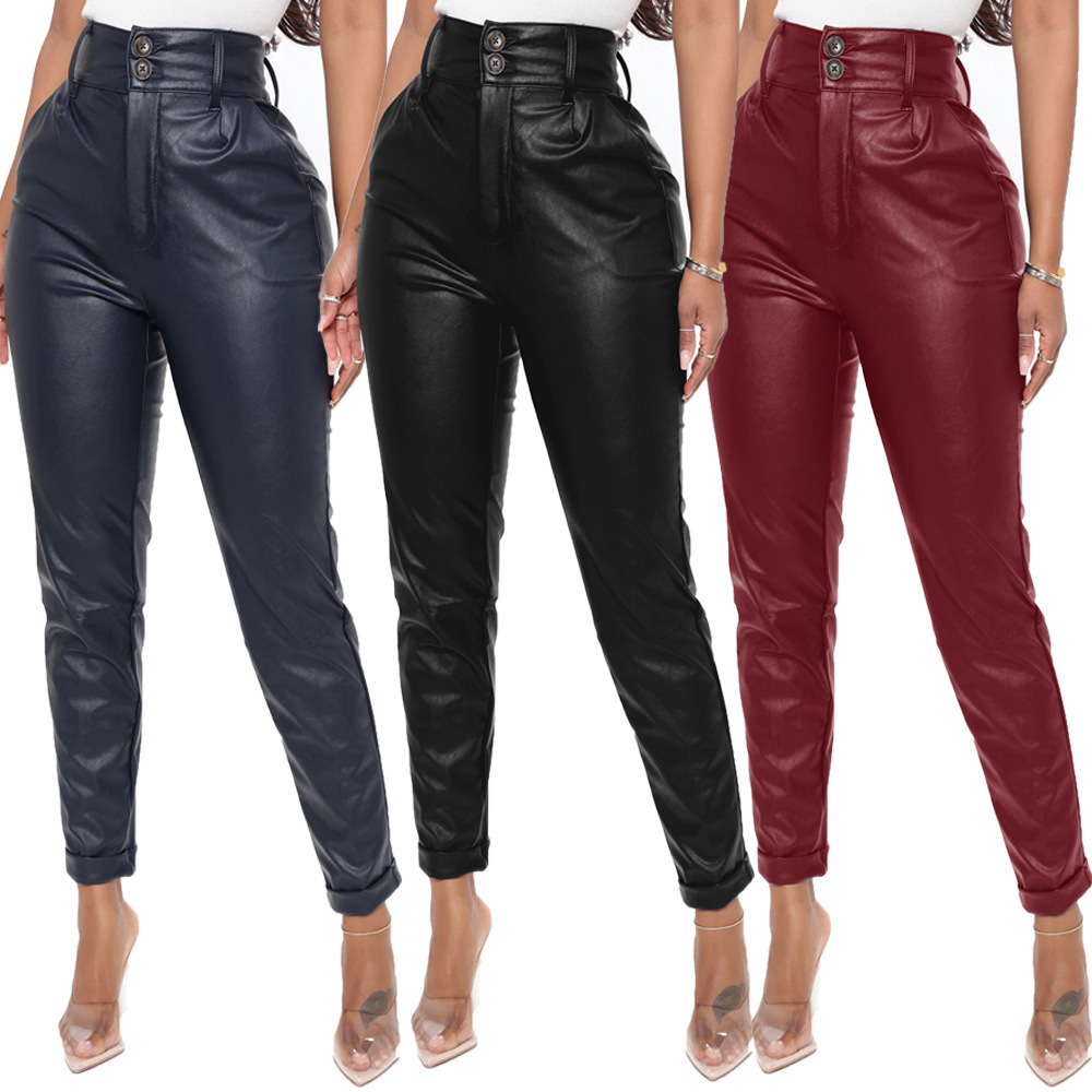 Unlimon 2021 Women's Autumn And Winter Personalized Fashion Imitation Leather Button High Waist Tights Pencil Pants D01517