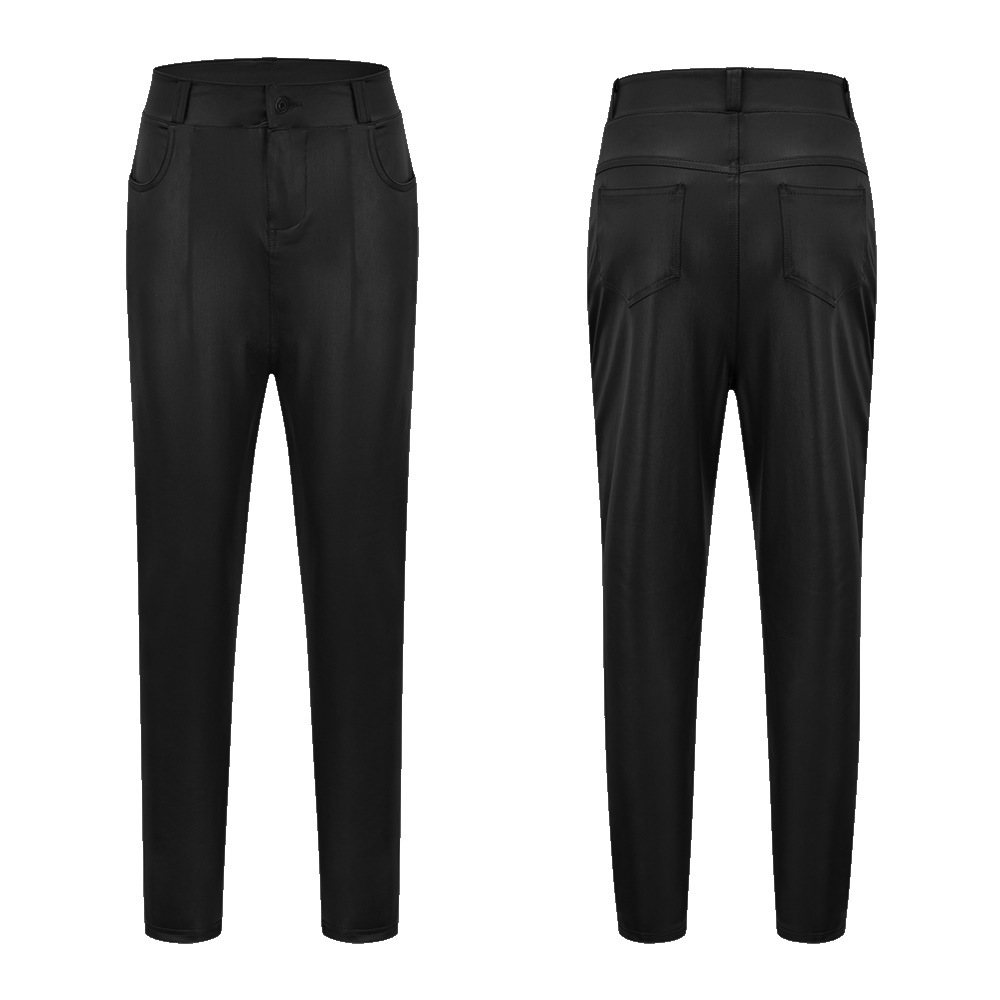 Unlimon 2021 Women's Autumn And Winter Fashion Solid Color Imitation Leather Button High Waist Tights Pencil Pants D01514