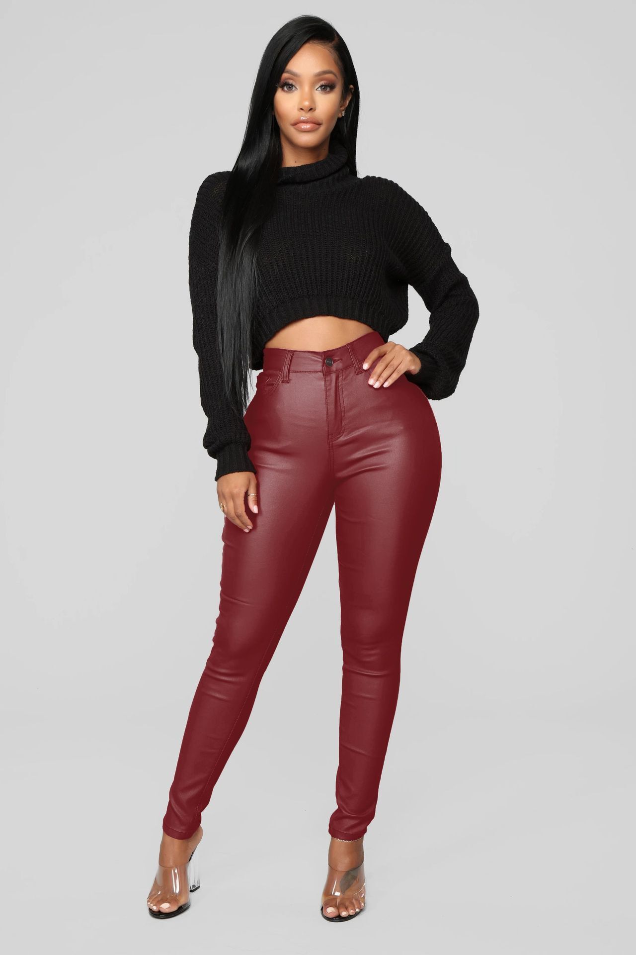 Unlimon 2021 Women's Autumn And Winter Fashion Solid Color Imitation Leather Button High Waist Tights Pencil Pants D01514